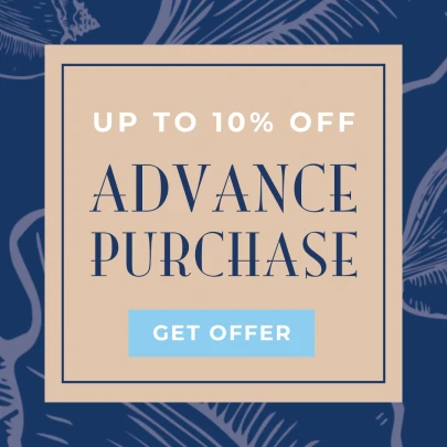 The image is an advertisement offering up to 10% off on advance purchase, with a "Get Offer" button.