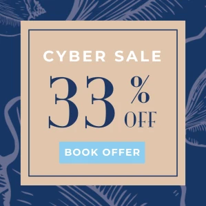 The image shows a "CYBER SALE" announcement with "33% OFF" and a "BOOK OFFER" button on a beige and blue background with leaf patterns.