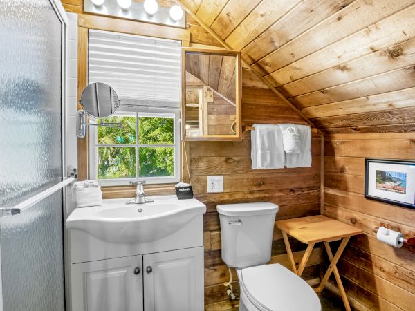 A cozy bathroom with wood-paneling, shower, sink, toilet, mirror, towels on a shelf, and wall art under bright lights.