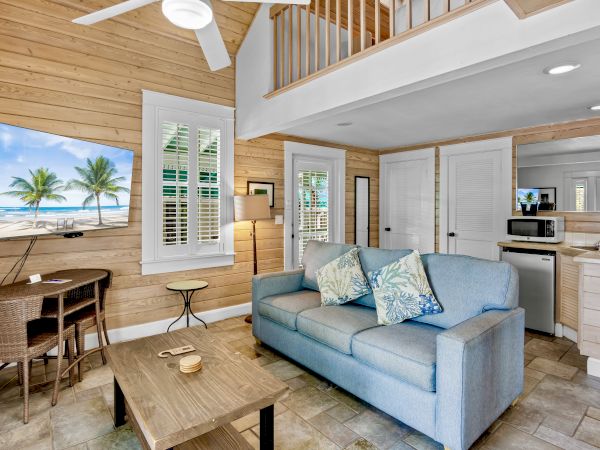 A cozy living room with a light blue sofa, wall-mounted TV, and small kitchenette. A wooden interior gives a warm, inviting feel.