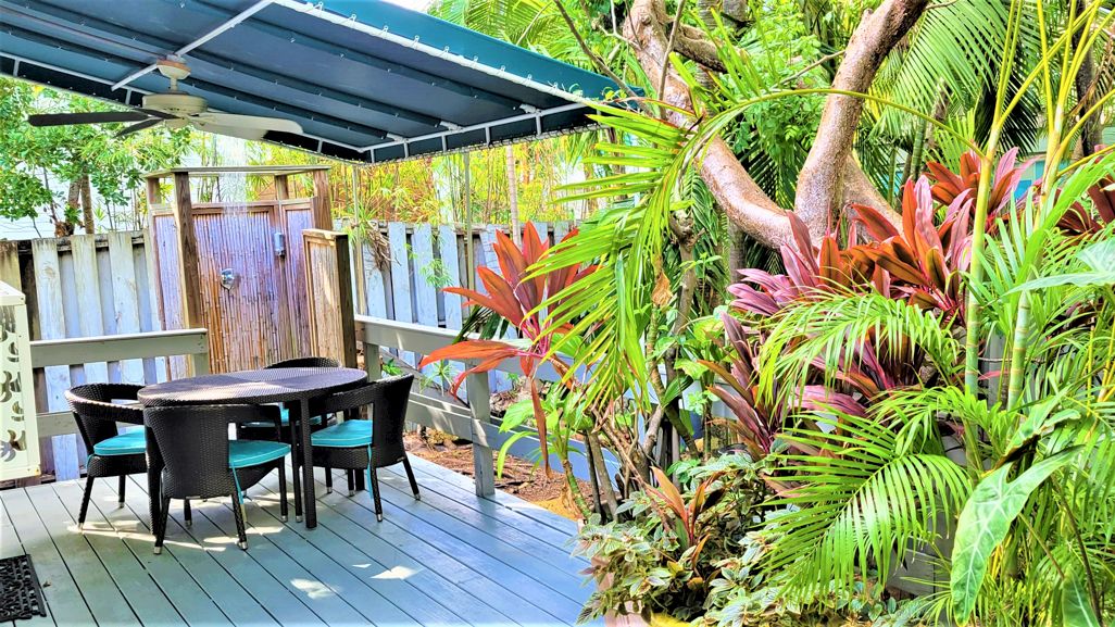 A tropical patio with a dining set under a blue canopy, surrounded by lush greenery and vibrant plants, creating a serene outdoor space.