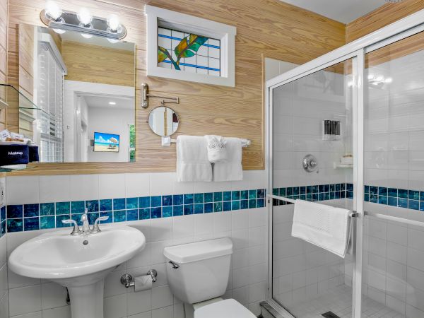 A modern bathroom with a glass shower, sink, toilet, and wooden accents. Blue tile detailing and a mirror above the sink complete the look.